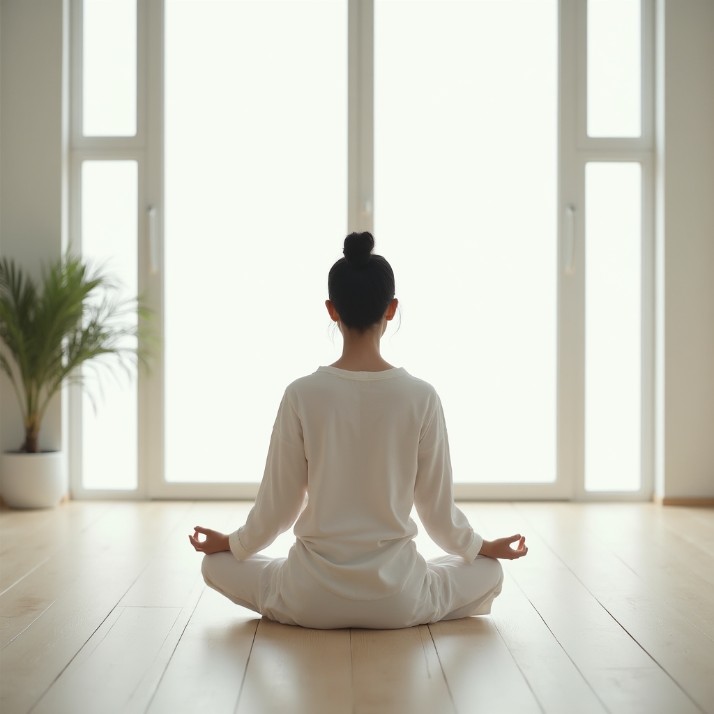 Personne en position de méditation dans un espace intérieur calme et lumineux